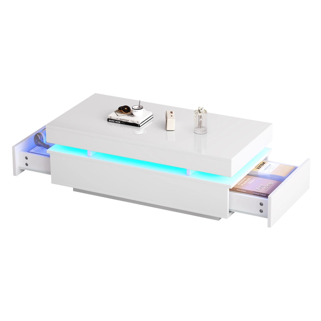 Tavolino da Caff¨¨ con 2 Cassetti e LED ¨C Xylo ¨C Bianco Lucido 100x50x35