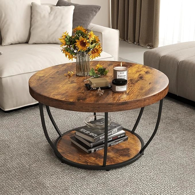 Tavolino da Caffè Rotondo a 2 Ripiani, Tavolo da Salotto in Legno con Struttura in Metallo, Tavolino Soggiorno Industriale con Piedini Regolabili, 80 x 80 x 45 cm (Rustico)