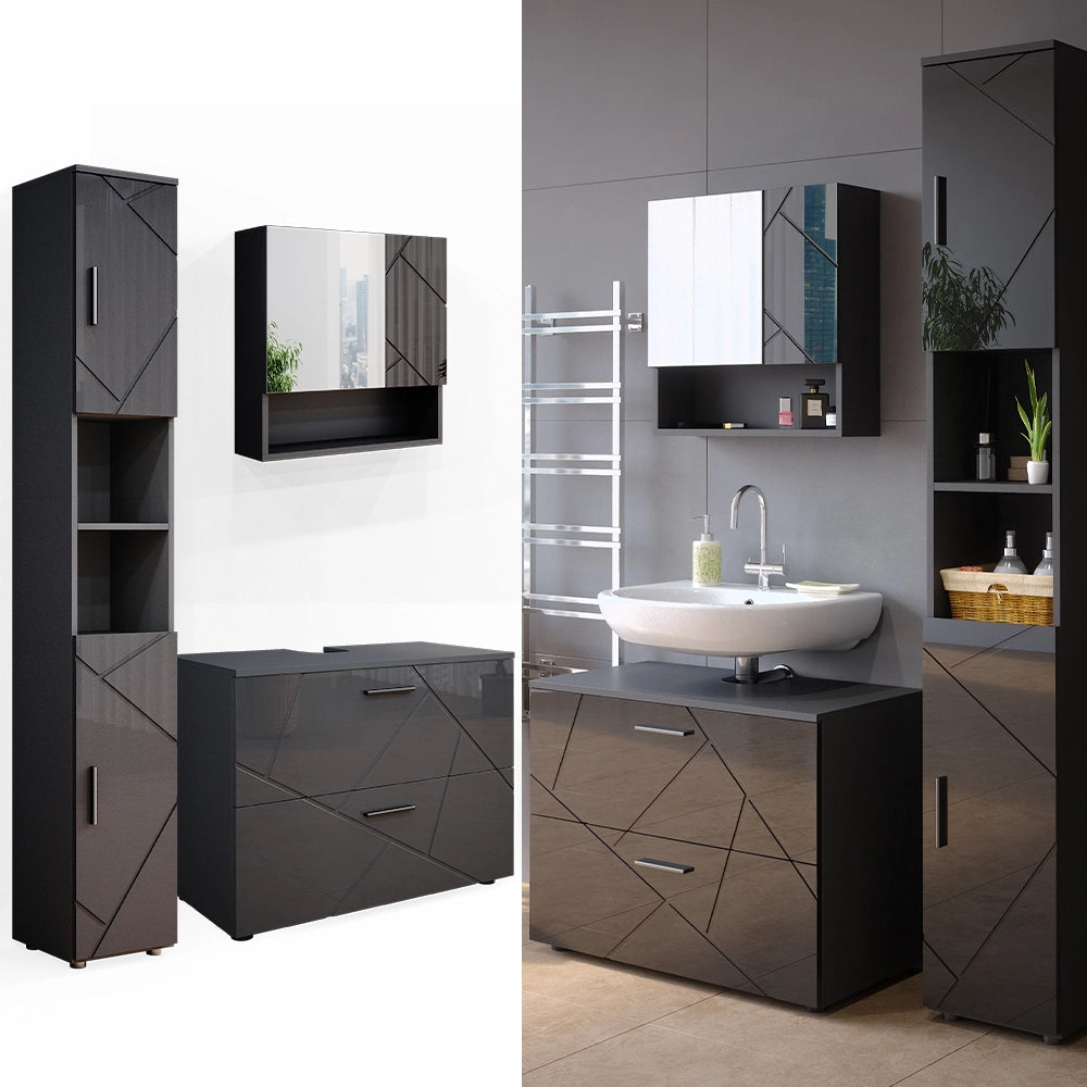 Vicco Set mobili bagno Antracite lucido 3 parti, con cassettiera e colonna