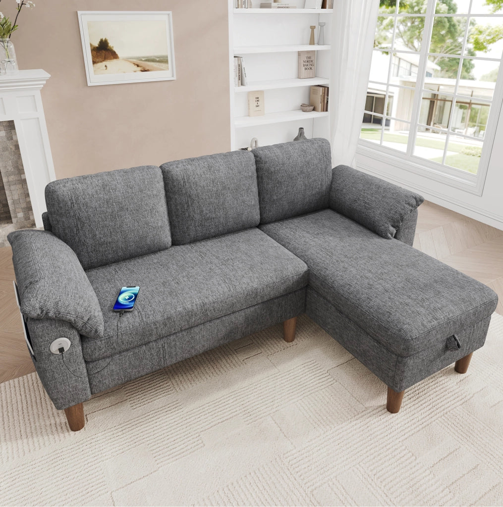 Divano angolare a L 3 posti con chaise longue reversibile; contenitore; USB/Type-C; grigio chiaro