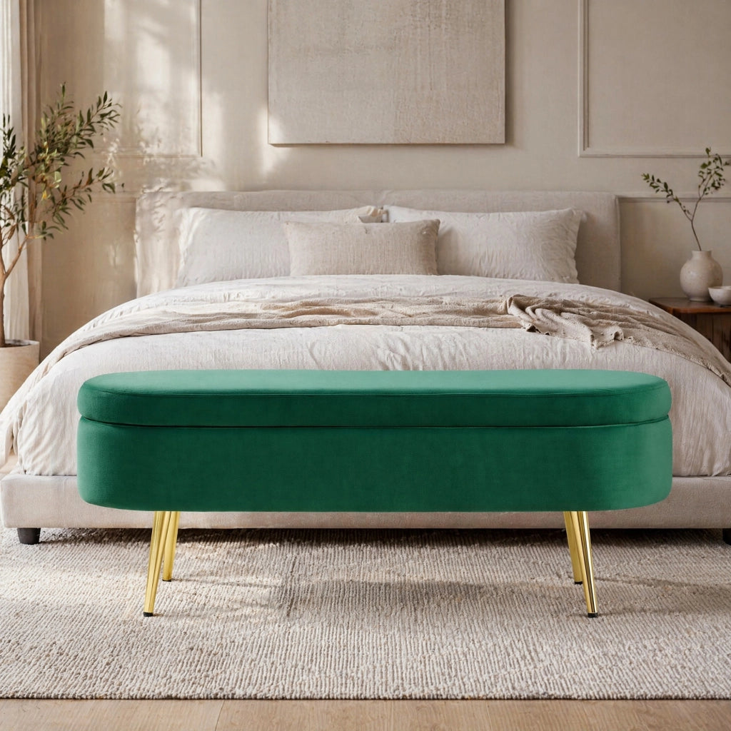 Panca contenitore ovale in velluto verde scuro 110x40x42 cm con base in metallo