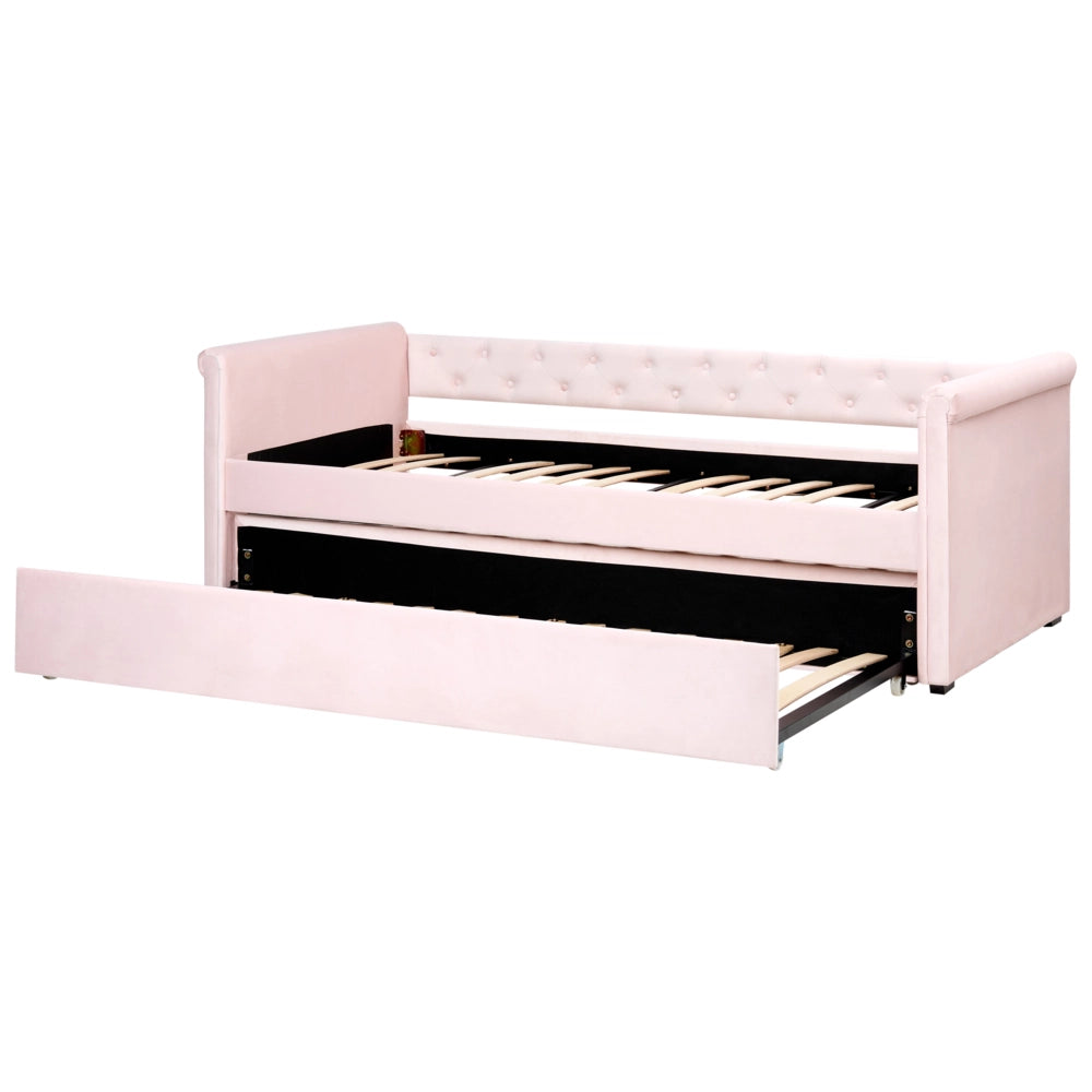 Letto singolo con letto aggiuntivo a scomparsa in velluto 90 x 200 cm rosa pastello cameretta stile moderno