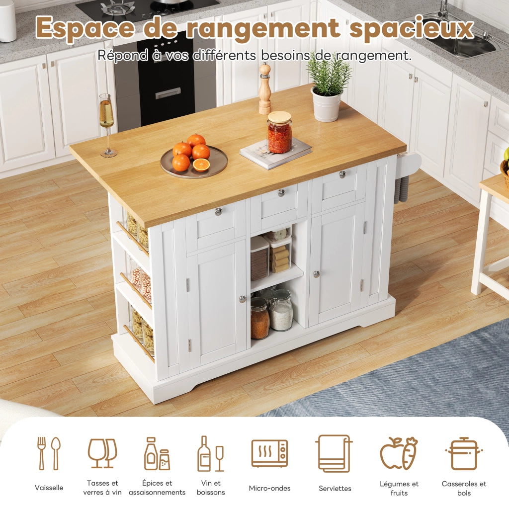 Carrello da Cucina con 3 Cassetti; 2 Ante; Piano Pieghevole; Presa e USB; 5 Ruote; in MDF; Bianco Naturale