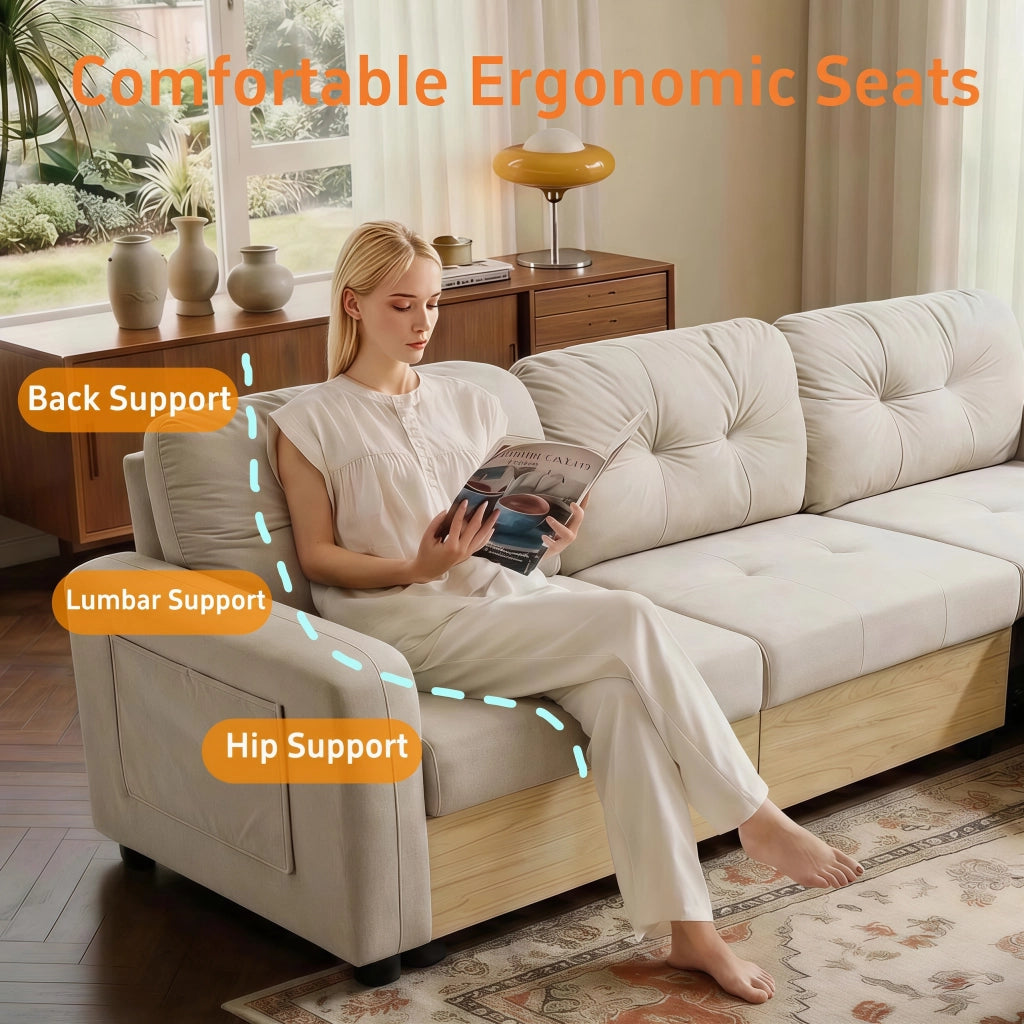 Divano angolare modulare con chaise longue estraibile USB contenitore e bracciolo con ripiano in velluto beige per soggiorno