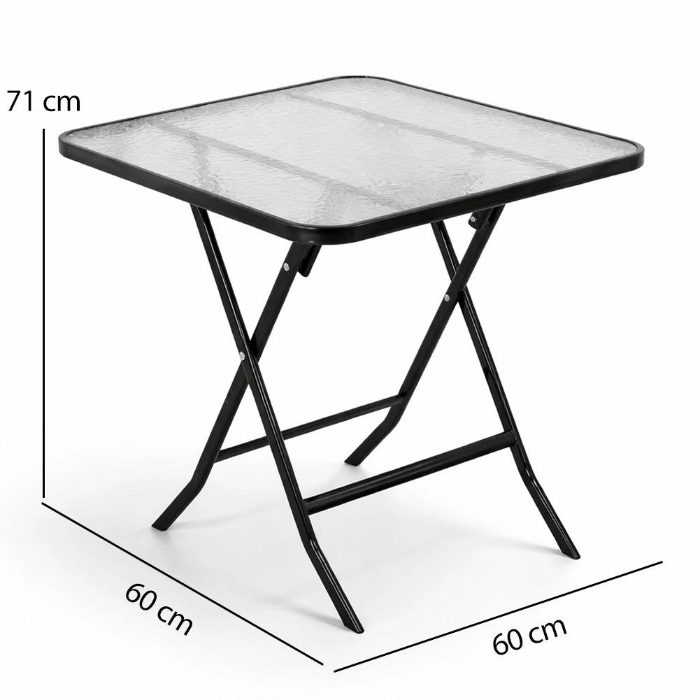 Tavolino Pieghevole Quadrato con Struttura Nera Tavolo Piano in Vetro 60x60x71cm