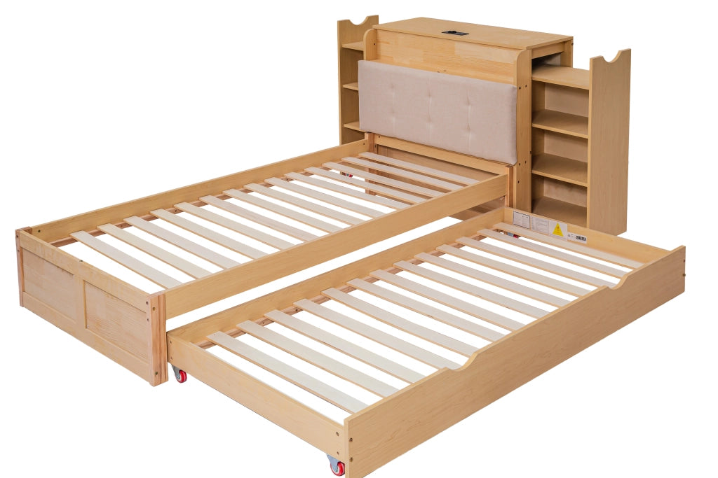 Letto Contenitore con Estraibile 90x200 ¨C MINIMAL ¨C Testiera Imbottita, USB, Legno