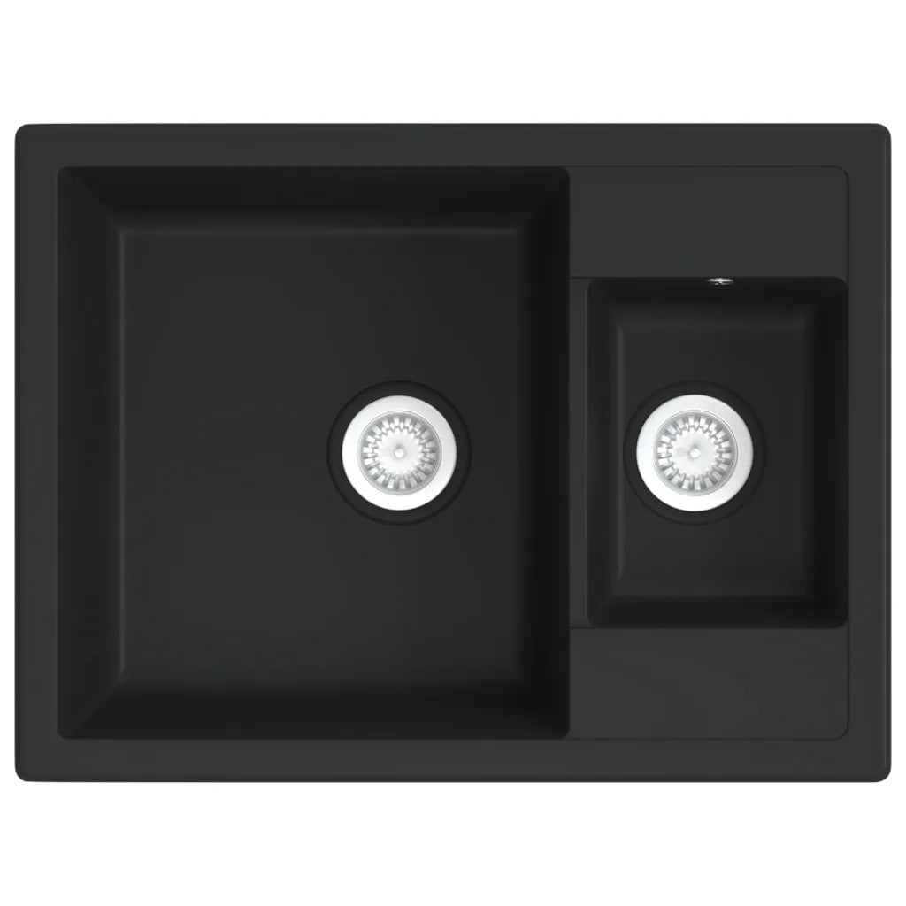 Lavello da Cucina Doppio con Foro Troppopieno-Lavandino-Lavabo Nero in Granito