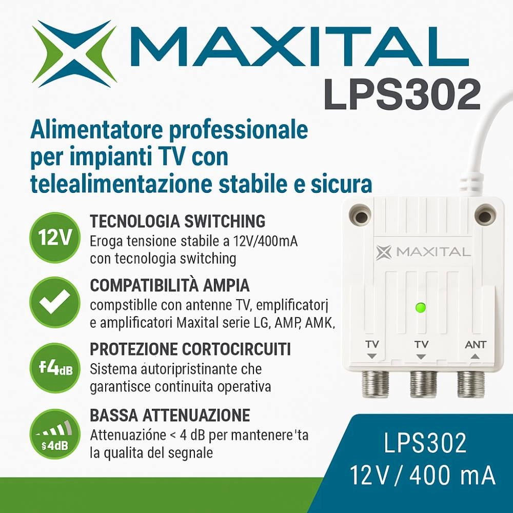 Maxital lps302 alimentatore 12v 400ma switching per impianti tv