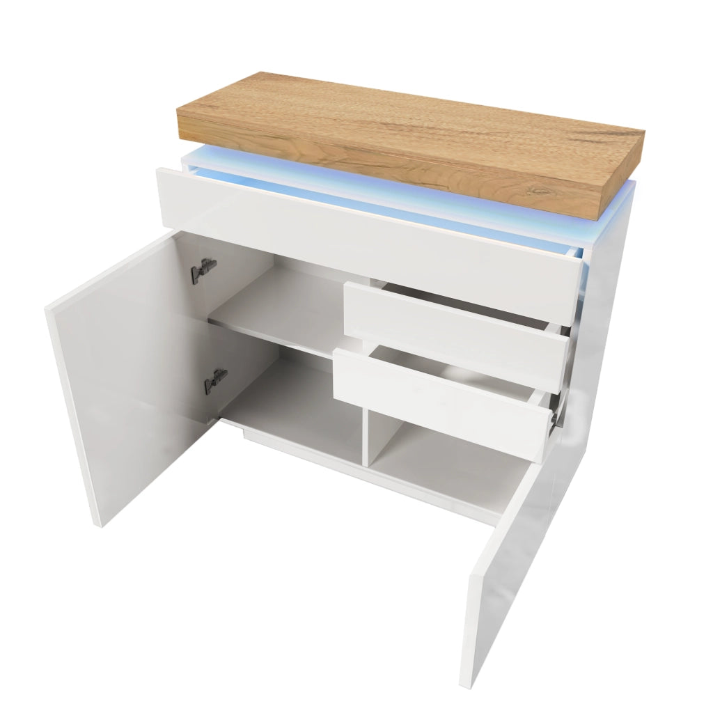 Cassettiera Sideboard con LED e Ante ¨C MINIMAL ¨C Bianco Lucido 115x110x39