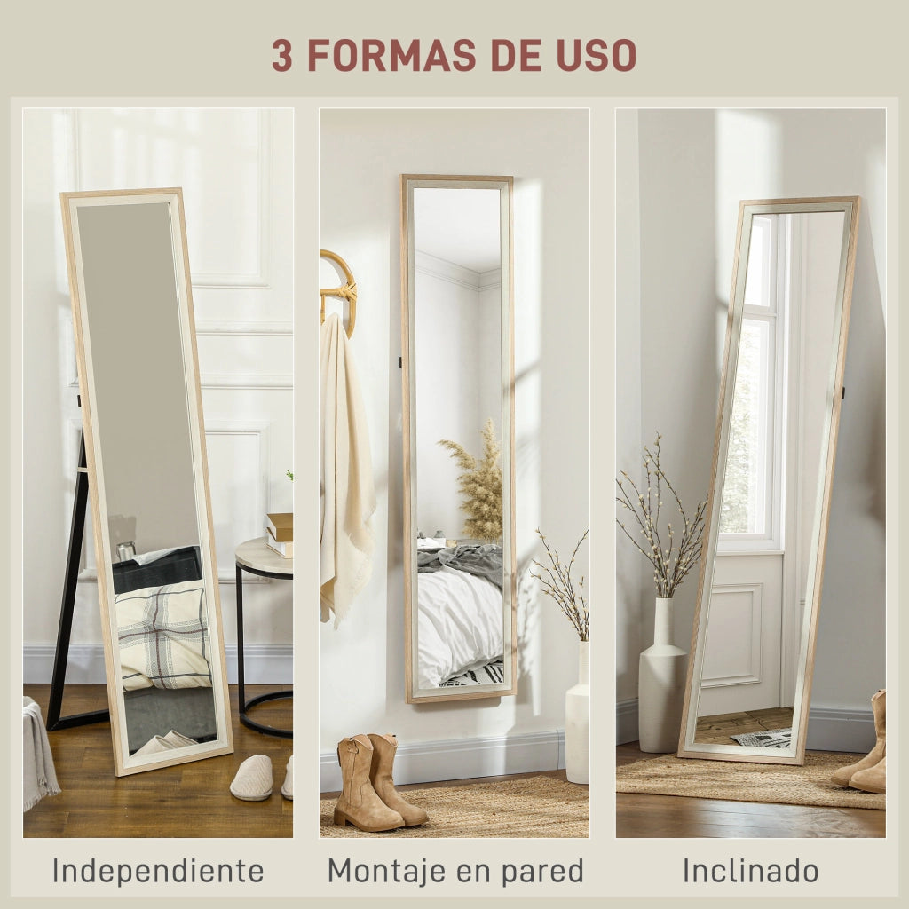 Specchio a Pieno Corpo 157x37 cm con Cornice in MDF e Supporto Bianco e Naturale ¨C zephmum ¨C Bianco/Naturale 157x37