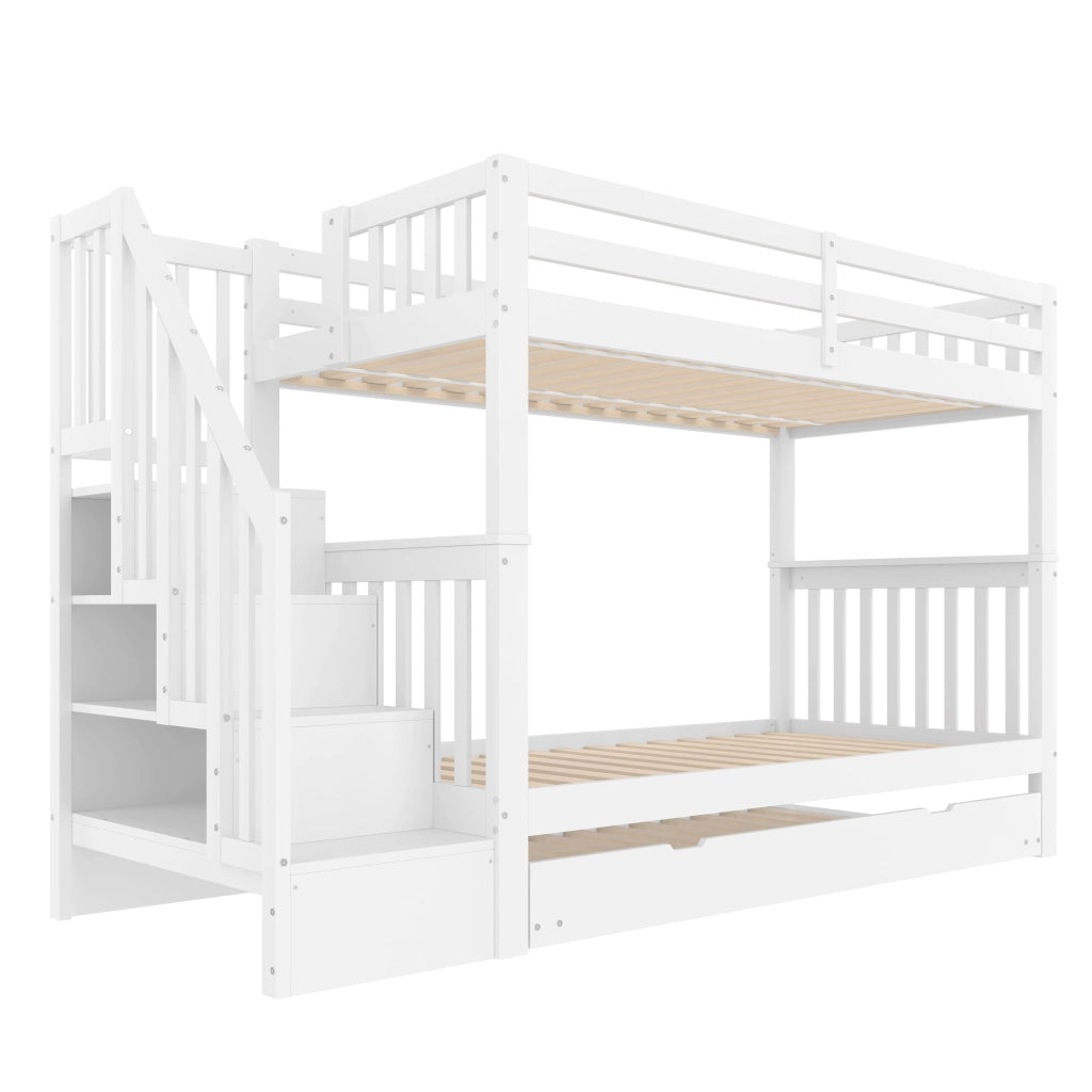 DESMIU Letto a castello 1 posto 90 × 200 cm con ripiani a scala, letto estraibile, senza materasso, bianco