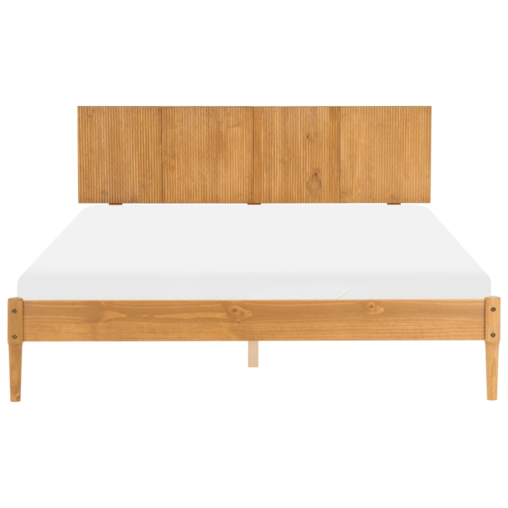 Letto matrimoniale in legno con base a doghe piane e testiera in legno marrone chiaro 160 x 200 cm stile scandinavo naturale