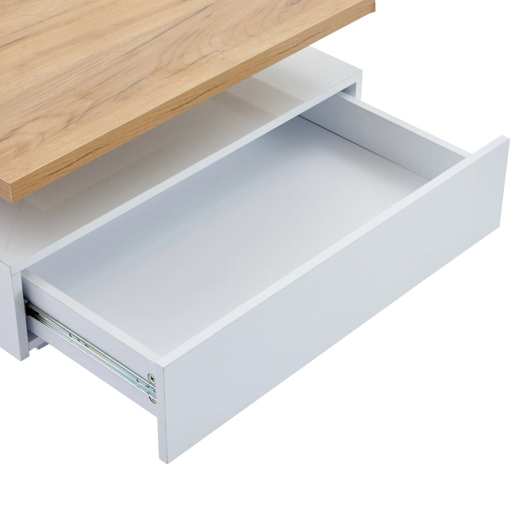 Tavolino da caffè 70x70x36 cm; girevole 360° con vano contenitore; truciolare; colore naturale e bianco