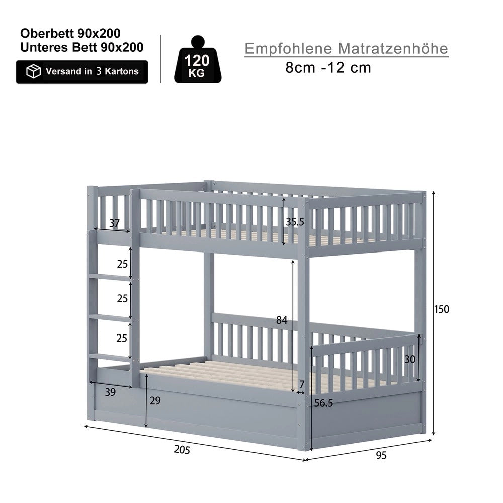 Letto a castello bambini con contenitore idraulico ¨C MINIMAL ¨C Legno massello, Grigio, 90x200