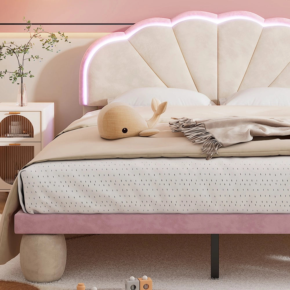 Letto Imbottito con LED Baldacchino ¨C MINIMAL ¨C Velluto Beige Rosa 140x200
