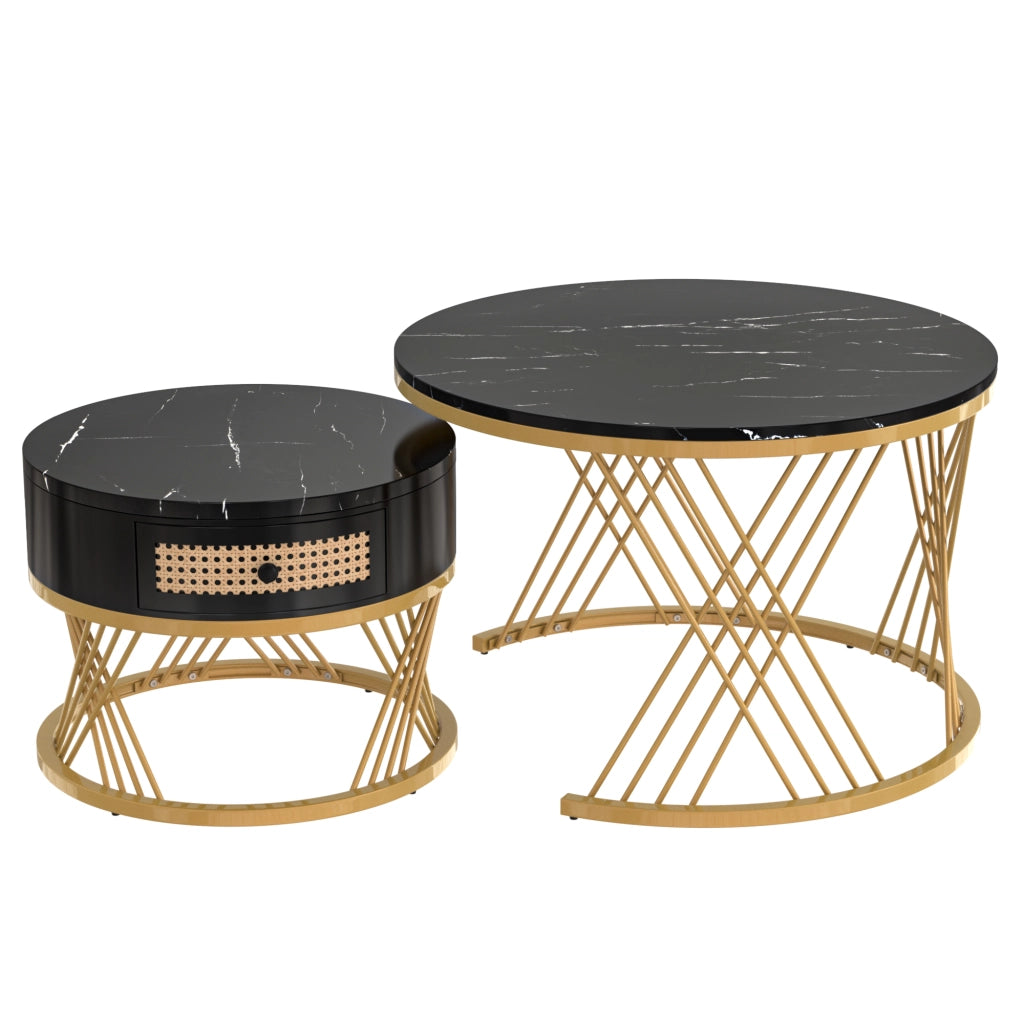 TAVOLINO DA SALOTTO Set da 2 pezzi rotondo 70/50 cm MDF nero con base oro