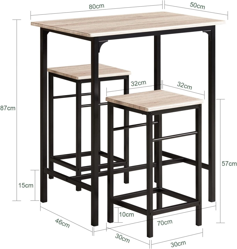 Set Tavolo da Bar Alto con 2 Sgabelli - Tavolo Salvaspazio per Cucina Piccola e Balcone, Stile Industriale Moderno - Tavolino Alto da Esterno per Giardino o Terrazzo OGT10-N
