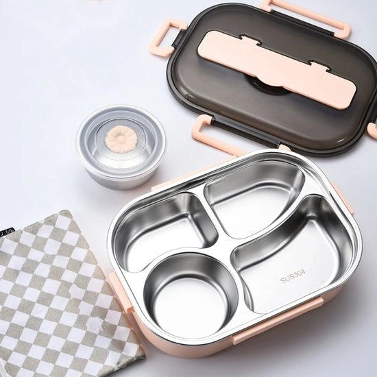 Lunchbox in acciaio inossidabile 304, con 4 compartimenti, inclusa forchetta e cucchiaio e bicchiere per dessert, bento lunchbox da 1500 ml, box per pasti caldi, box per colazione, box per viaggio/scolastico/ufficio (rosa)