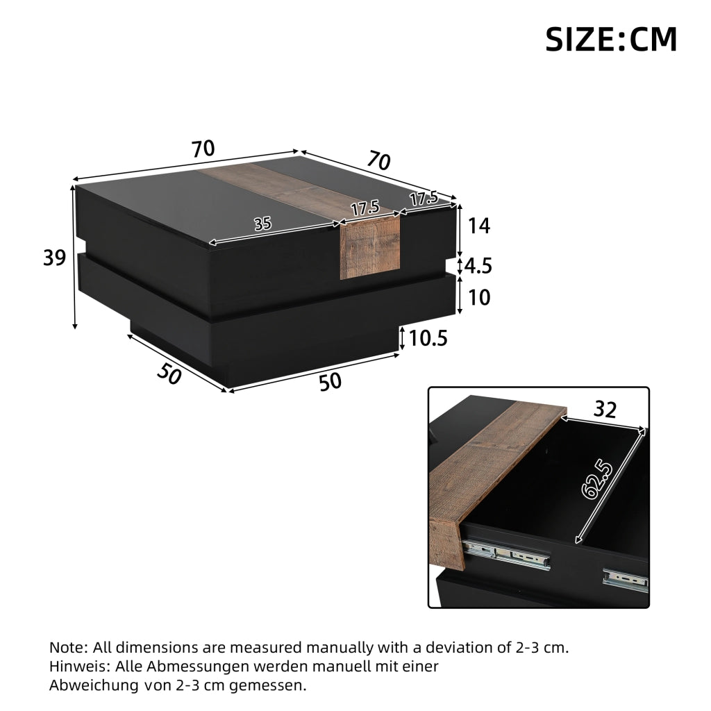 TAVOLINO DA CAFFÈ Quadrato 70x70x39 cm Nero in MDF con vano nascosto