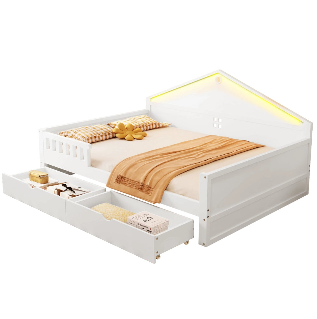 Letto ULEVR 140x200 cm con LED controllabile via smartphone e 2 cassetti, bianco