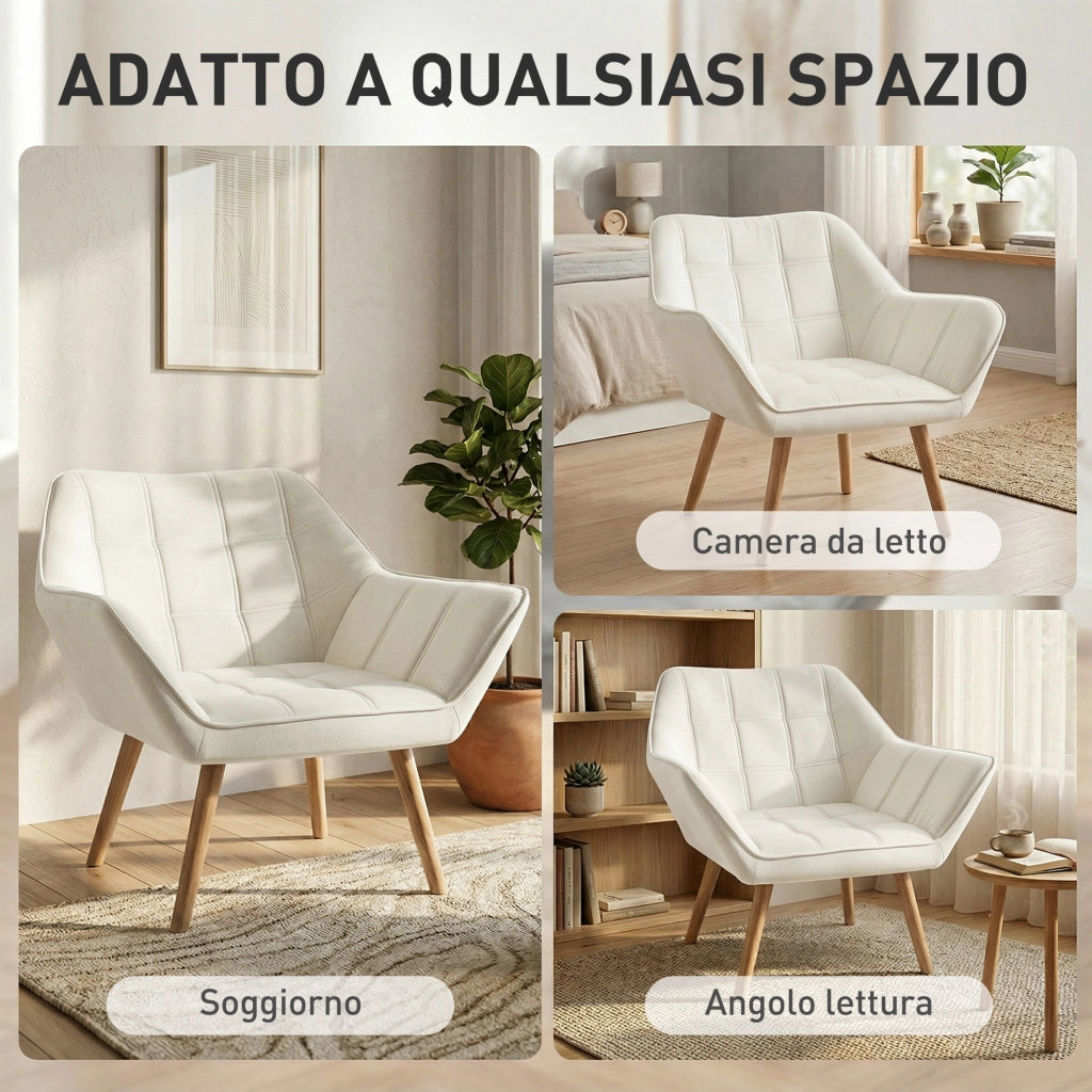 Poltrona Design Scandinava in Legno e Velluto Crema ¨C Zephmum ¨C 67x61.5x71cm