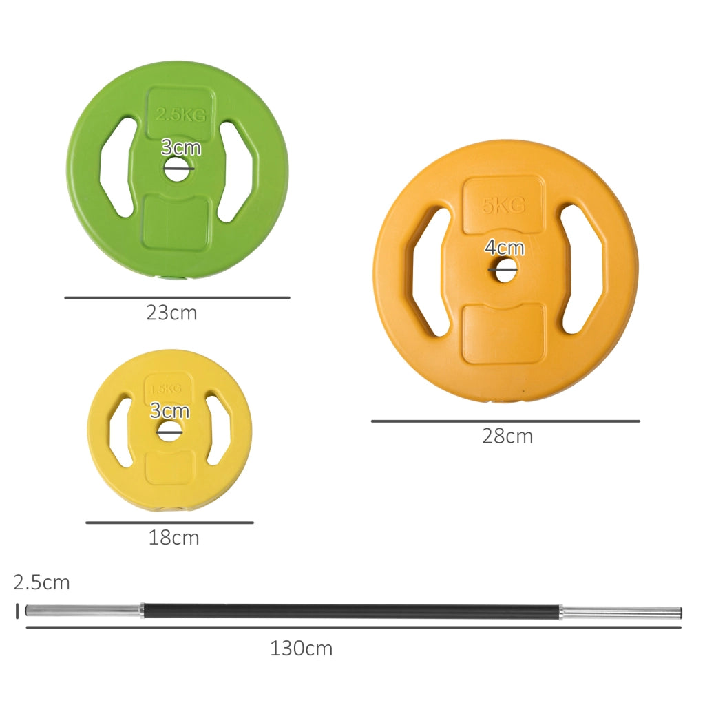 Set Bilanciere e Dischi da 20 kg totali Antiscivolo con 6 Pesi e 2 Clip di Fissaggio, ?28x130 cm, Multicolore