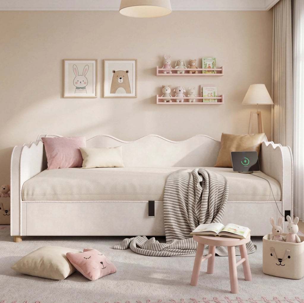 Letto da giorno imbottito 90x200 cm con contenitore idraulico e USB