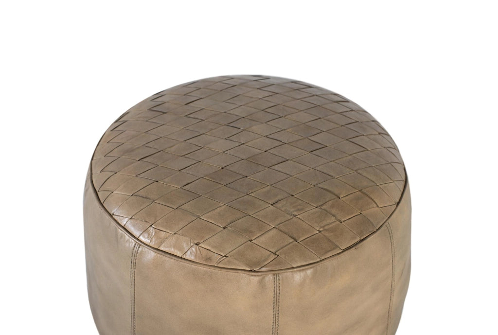 Pouf rotondo rivestito in pelle beige naturale