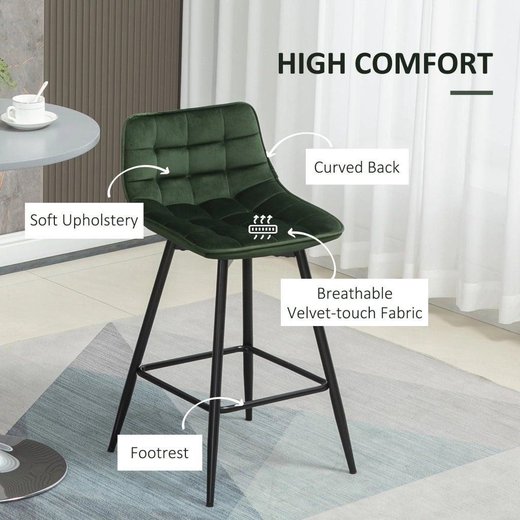EasyComfort Set 2 Sgabelli da Bar con Schienale e Poggiapiedi Stile Nordico in Metallo e Velluto, Verde, 45x47x84cm