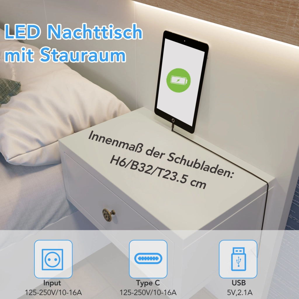 Letto matrimoniale 180x200 cm con 2 comodini LED; presa USB/Type C; effetto rovere Sonoma e bianco