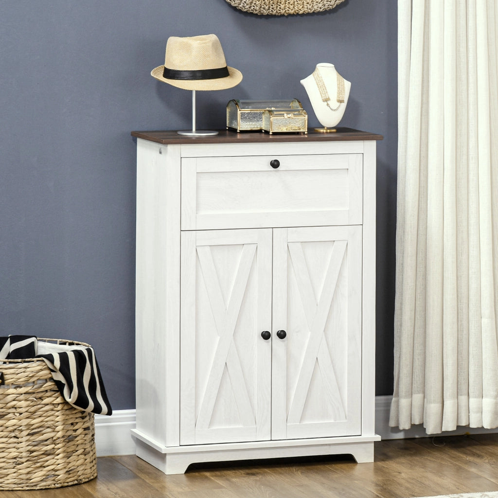 Credenza Bassa da Cucina in Stile Rustico con Cassetto e Armadietto con Ripiano Regolabile, Bianco