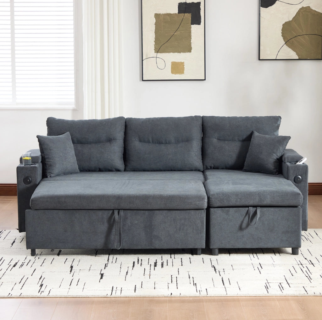 Divano letto 212.5x136x86 cm con chaise longue idraulica e letto estraibile in lino grigio scuro