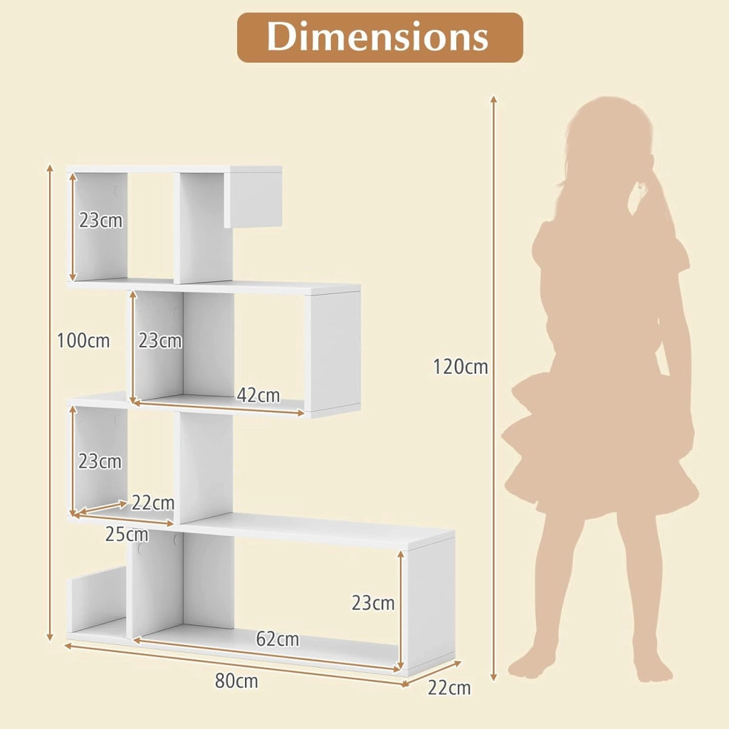 Libreria a Forma di Mossa con 5 Livelli, Scaffale Aperta a Forma di S in Legno, Libreria Divisoria con Protezione Anti-Ribaltamento per Soggiorno, Studio, 80 x 22 x 100 cm (Bianco)