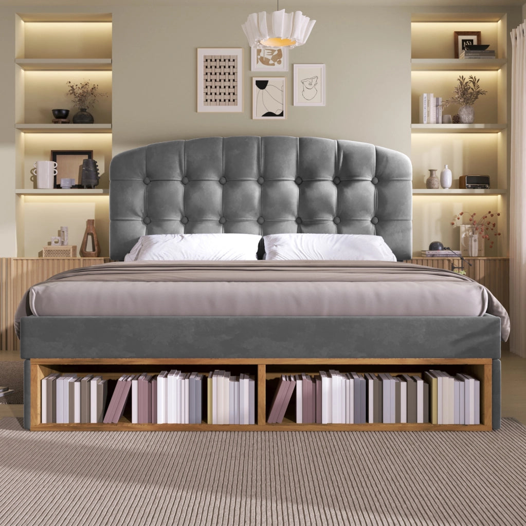 Letto matrimoniale imbottito 140x200 cm in velluto grigio con testiera regolabile; cassetti e vani contenitore