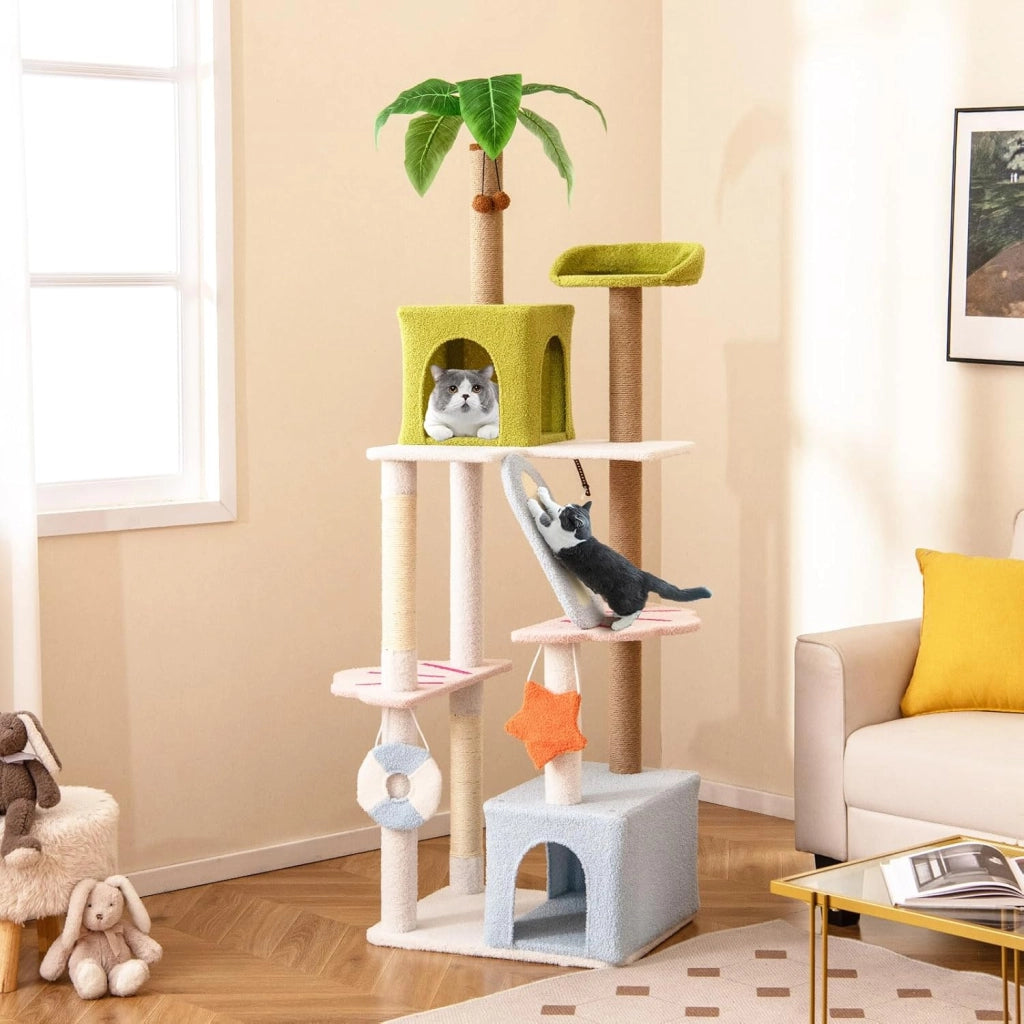 Tiragraffi per Gatto Alto 180 cm Stile Tropicale, Albero Tiragraffi Gatti con Pali con Corda in Juta, Piattaforme, 2 Grotte e Pompon, Torre Gatto Rivestito in Peluche, Blu e Verde