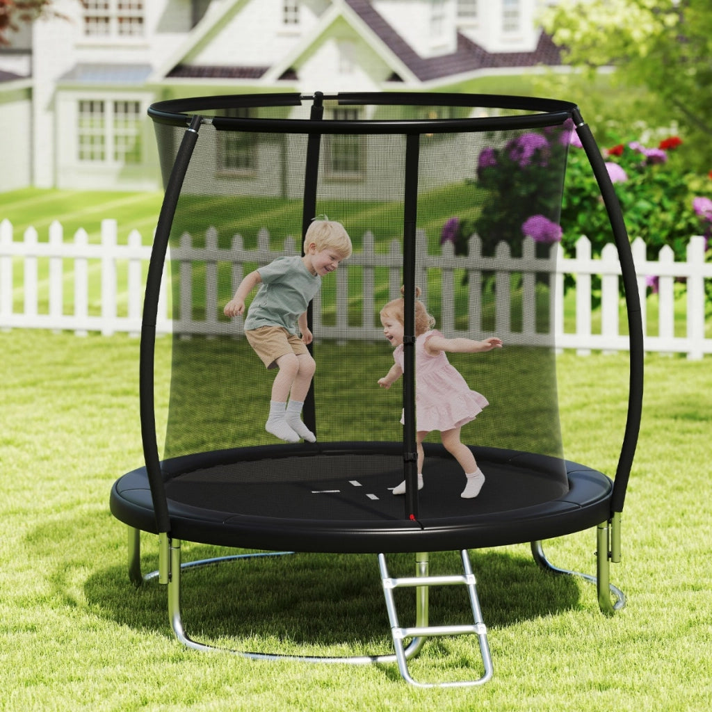 Trampolino ricreativo pesante con rete di sicurezza per bambini e adulti, Trampolino da esterno 244 cm in acciaio zincato antiruggine Nero-Trampolini
