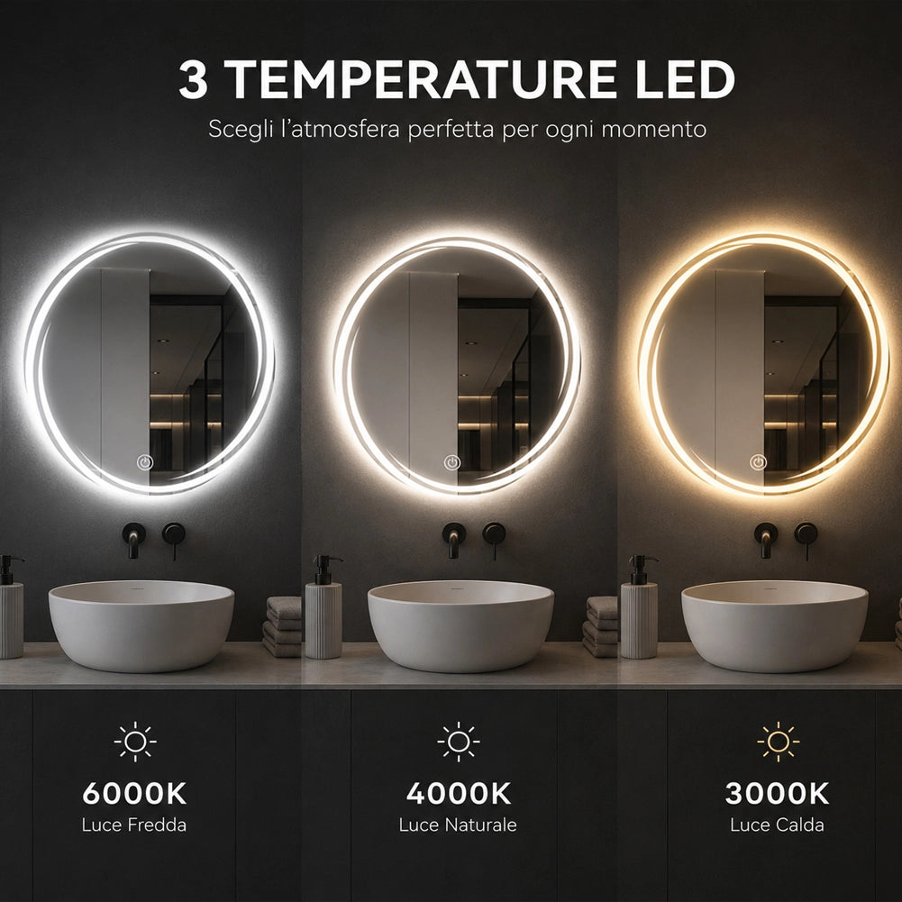 Specchio Tondo Spirale Diametro 70cm Led a 3 Colori Dimmerabile Accensione Touch