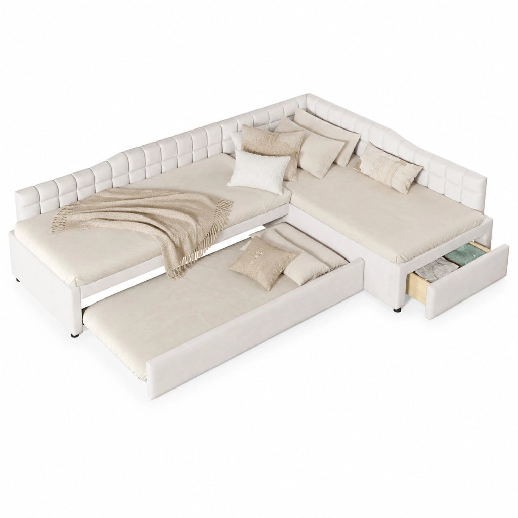 Letto imbottito angolare 90x200 cm con letto estraibile e cassetti beige