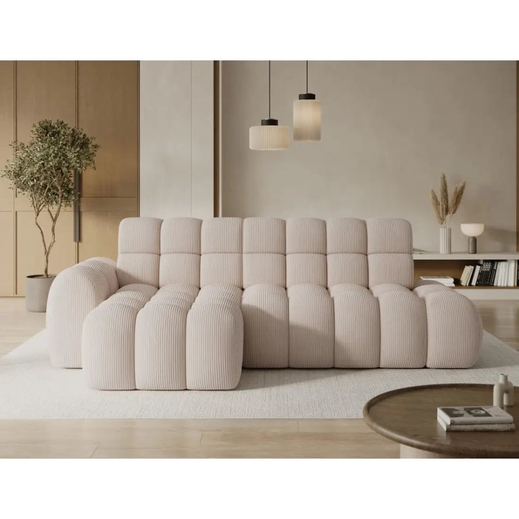 Divano angolare trasformabile BULLA 3 posti beige – velluto a coste con estensione della seduta elettrica