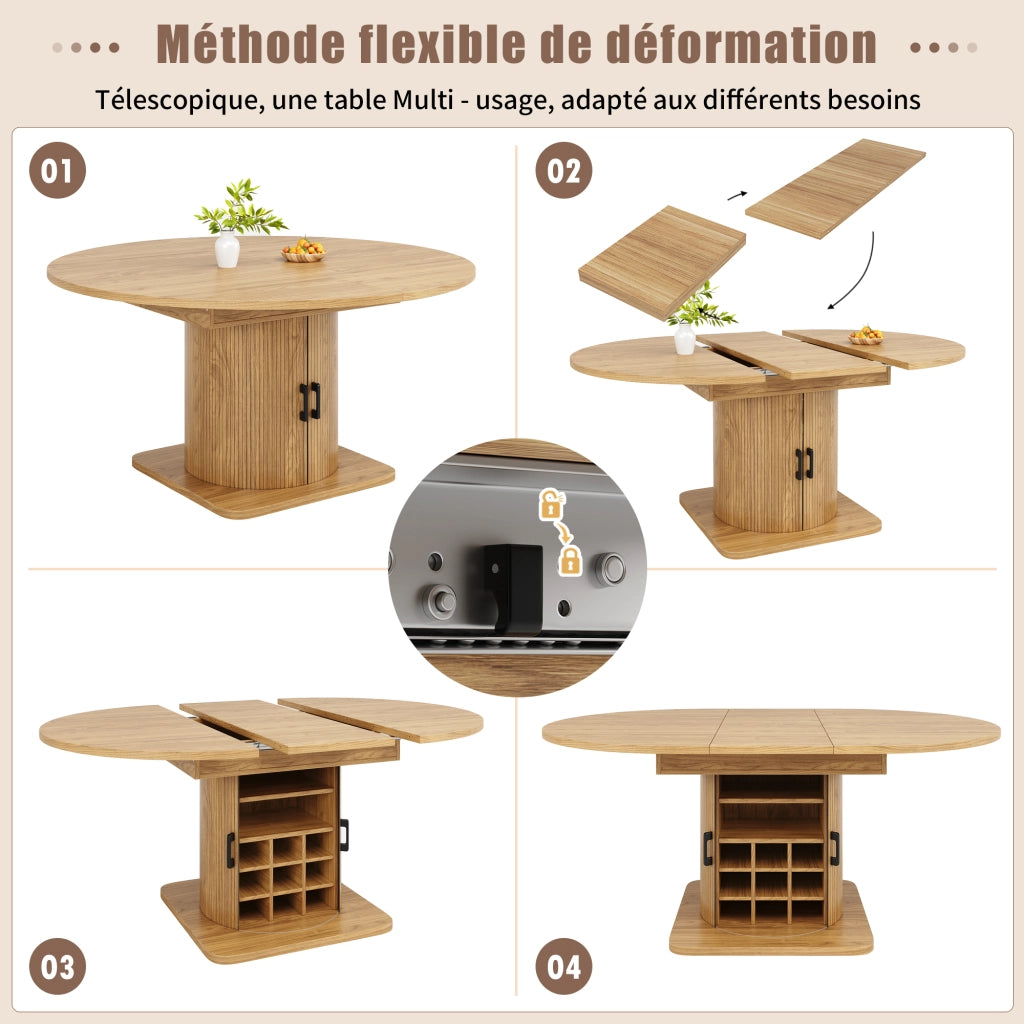 Tavolo da pranzo allungabile con contenitore; ripiani rimovibili e portabicchieri; in MDF e metallo; naturale; 118-158 × 118 × 76 cm