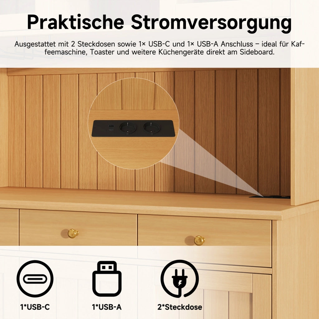 Credenza alta con vetrina, 1 cassetto e prese USB, per cucina e sala da pranzo, rovere naturale, 120 × 40 × 191 cm