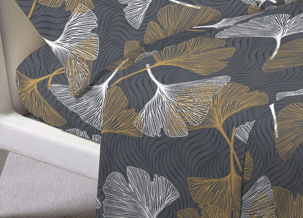 Completo Lenzuola Letto Morbida Flanella 100% Cotone Dis. Ginko - Piazza E Mezza - Giallo