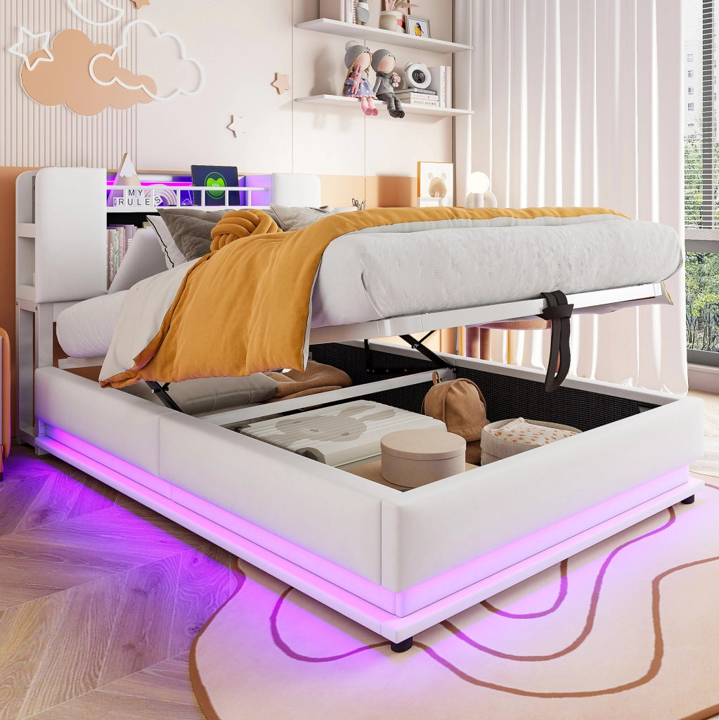 Letto imbottito per bambini 90x200 cm con LED; USB e contenitore idraulico; beige