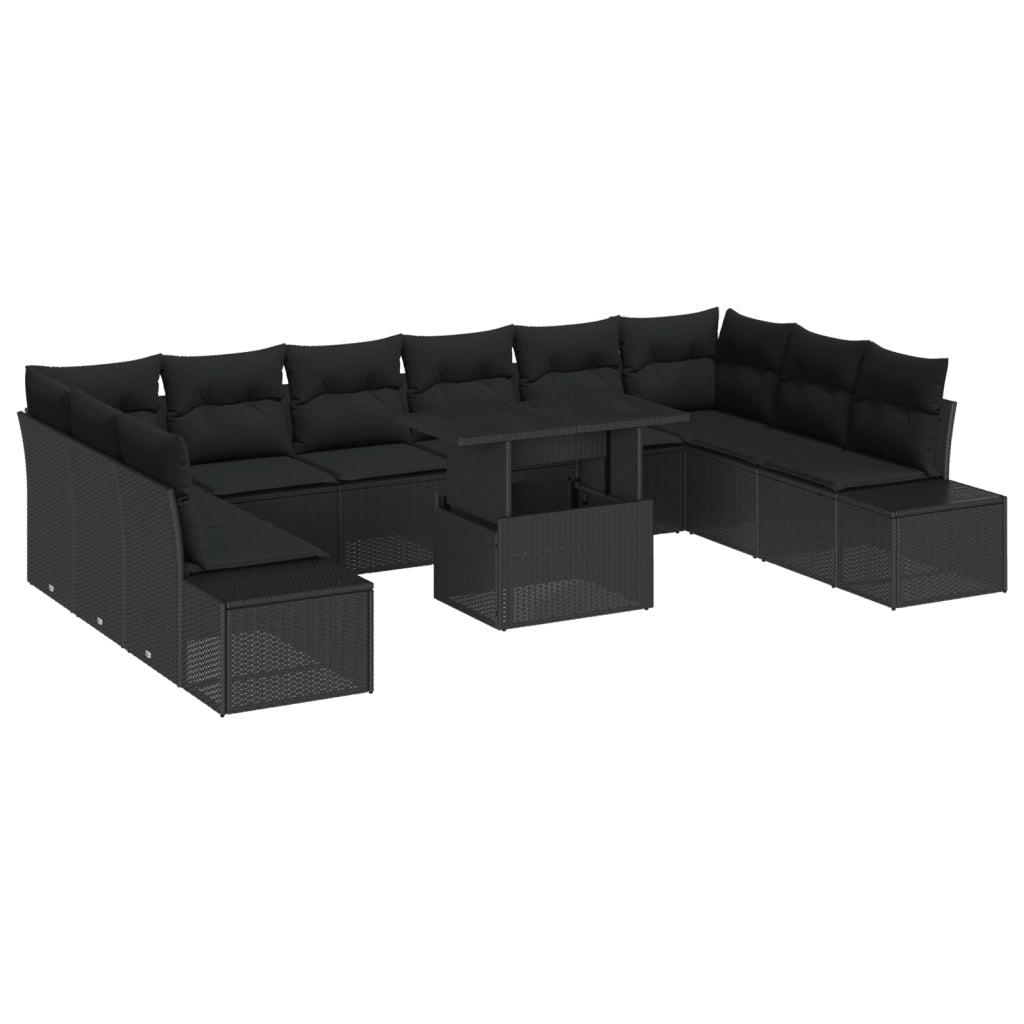 Set divano da giardino in polyrattan 11 pezzi con cuscini nero