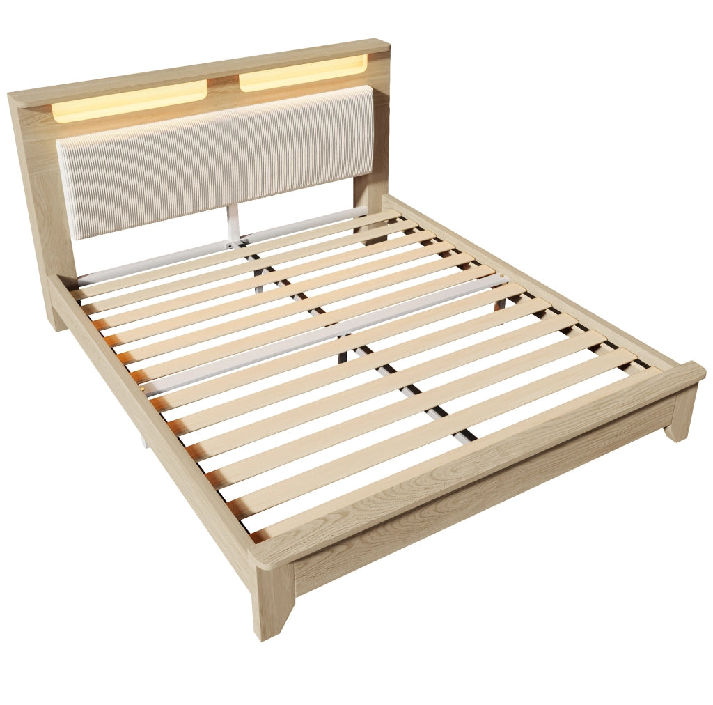 Letto matrimoniale 140x200 cm con testiera contenitore; LED e rivestimento in corduroy beige; effetto rovere chiaro