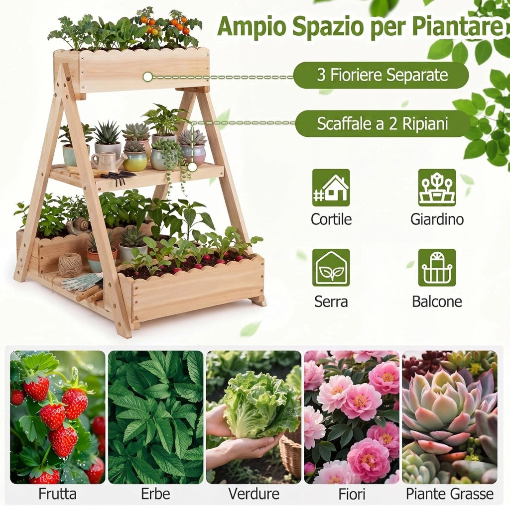 Orto Rialzato da Giardino a 3 Livelli, Fioriera Rialzata in Legno Massello con 3 Vasi e 2 Ripiani, Fioriere Verticali a Scale da Esterno e Interno per Balcone e Terrazza, 66 x 58 x 60 cm