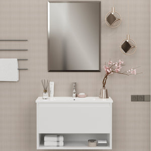 Mobile Bagno Sospeso 80 cm Lavabo e Specchio Milano Bianco Lucido