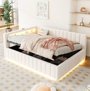 Letto imbottito matrimoniale contenitore 140x200 in velluto beige con LED e USB