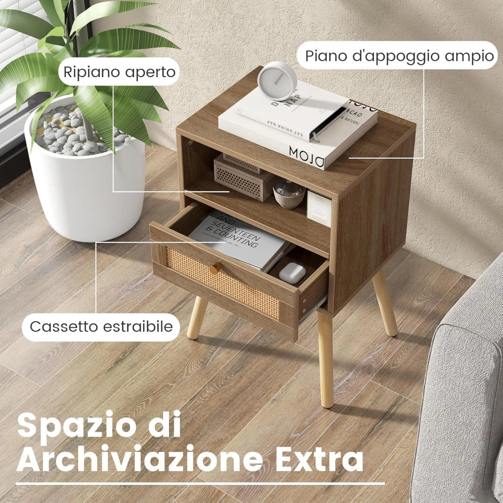 Set di 2 Comodini in Rattan, Comodini con Cassetto e Gmabe in legno, 2 Pezzi Comodini in Stile Boho con Vano Aperto, Tavolino Laterale per Camera da Letto, Soggiorno