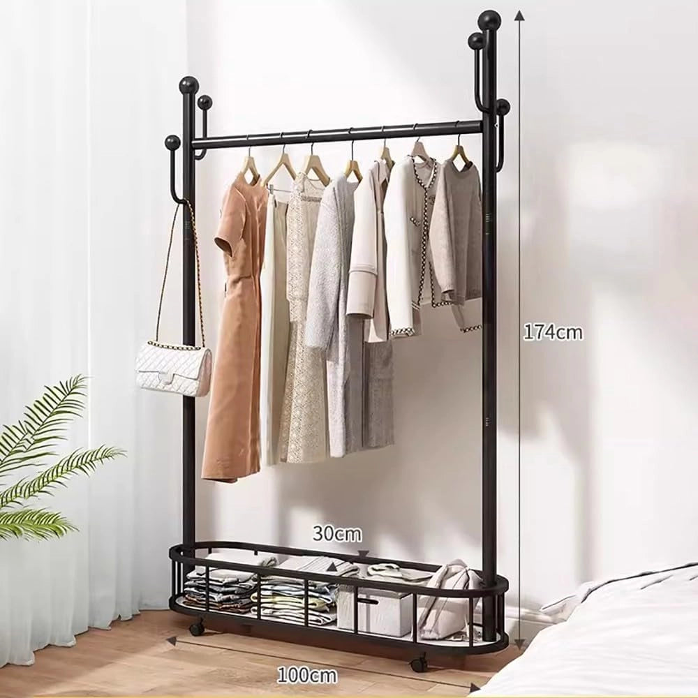 Appendiabiti in Metallo con Ganci e Cestino portaoggetti, Design Industriale Moderno per Camera da Letto e Ingresso, Altezza 60/80/100 cm x Larghezza 30 cm x Lunghezza 174 cm